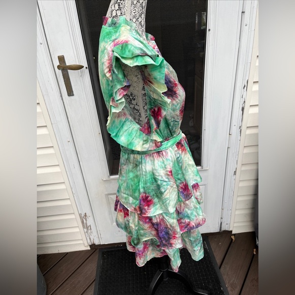 MARIE OLIVER LADIES GREEN PINK TIR DYE RUFFLE SILK COTTON DRESS-S - Picture 3 of 9